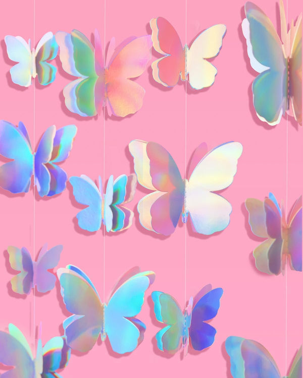 Xo, Fetti 3D Iridescent Butterfly Hanging Garland - 4 Pcs, 12' | Bachelorette Party Decorations, Birthday Supplies, Baby Shower Photo Booth, HBD,