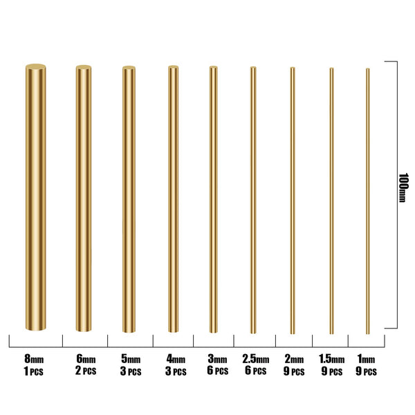 48 Pieces Brass round Rods Kit, 1Mm-8Mm in Diameter, 100Mm in Length, Sutemribor Brass Solid round Rod Lathe Bar Stock for DIY Craft Making, Knife
