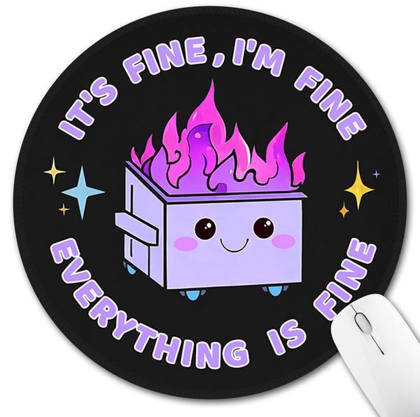 Funny Mouse Pad for Desk, Cute Office Decor for Women, Dumpster on Fire Small Mousepad with Non-Slip Rubber Base, This Is Fine round Computer