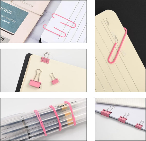 Pink Binder Clips Paper Clips,380 PCS Assorted Sizes Paperclips Paper Clamps Rubber Bands for Files, Papers, Home Supplies (Pink)