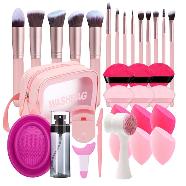 33PCS Makeup Foundation Brushes Tool Set with Sponges, Eyelash Curlers, Powder Puffs, Silicone Washing Bowls, Eye Aids, Nano Spray Bottles,