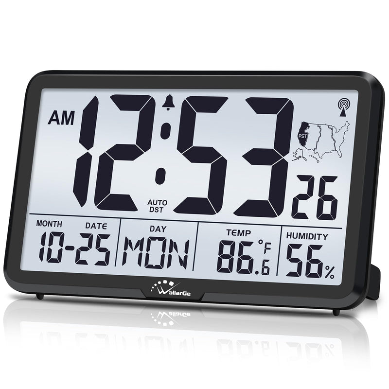 Wallarge Atomic Clock with Indoor Outdoor Temperature, Self-Setting Digital Wall Clock Battery Operated, 4 Time Zones, DST