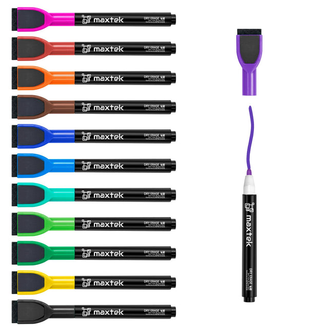 Maxtek Magnetic Whiteboard Markers - 12 Count Colorful Fine Tip Dry Erase Markers with Eraser for Kids, Low Odor Thin Ma