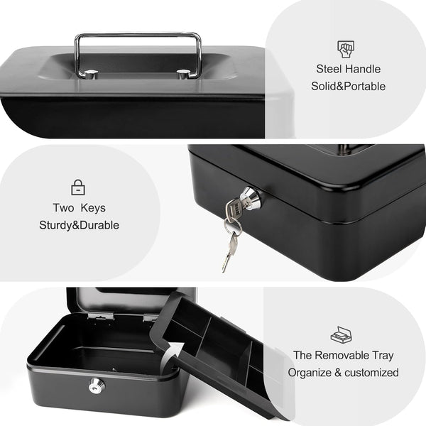 Jssmst Locking Medium Steel Cash Box with Money Tray,Lock Box,Black