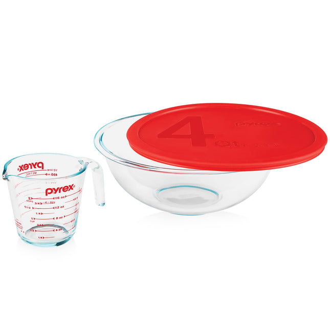 Pyrex Smart Essentials 3-Piece Glass Prep Set, 4-QT Glass Mixing Bowl with Lid and 2-Cup Measuring Cup, Dishwasher, Micr