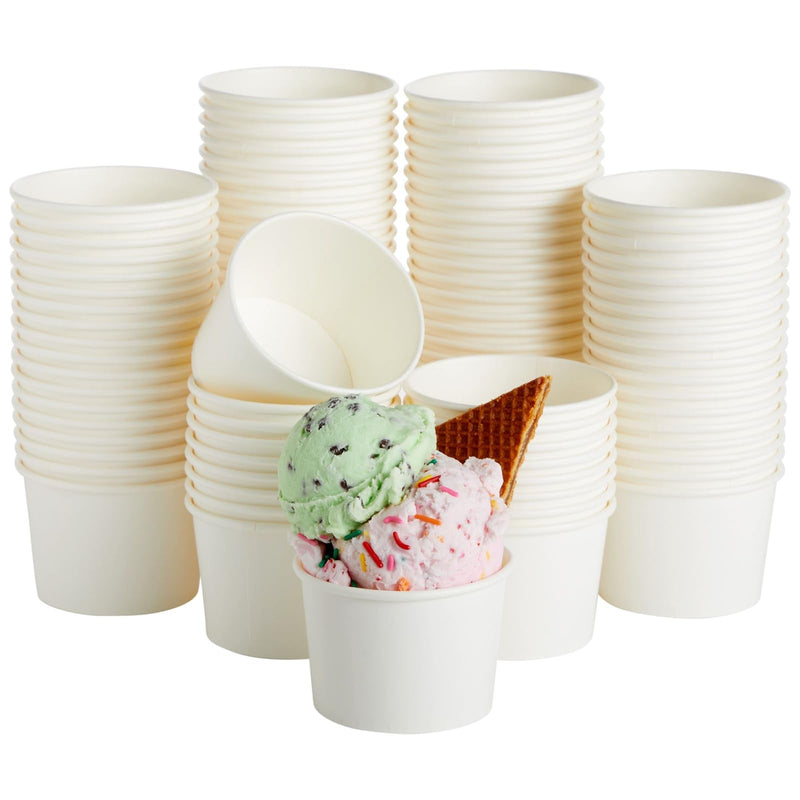 Juvale 100 Pack Disposable Paper Ice Cream Cups, Dessert Bowls for Sundae Bar, Frozen Yogurt (White, 8 Oz) - Ice Cream Sundae Bar Supplies