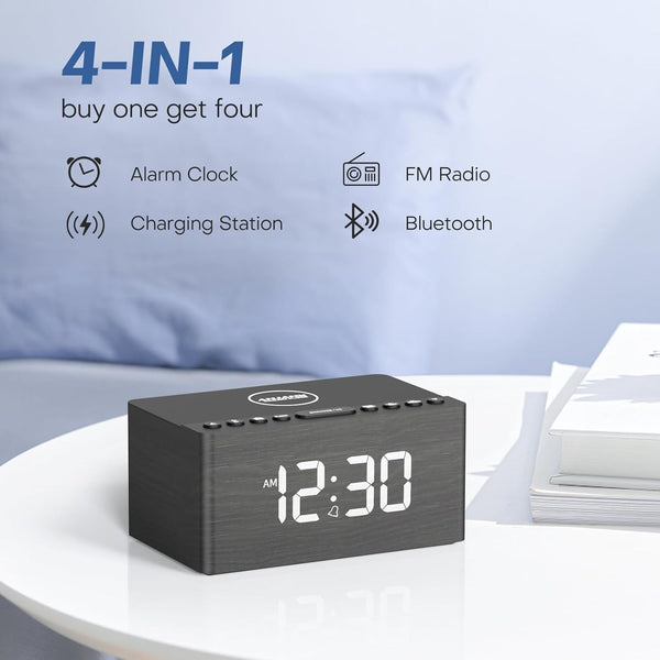 ANJANK Wooden Sound Machine Alarm Clock for Bedroom, Bluetooth Speaker, 20 Soothing Sounds, 0-100% Dimmer, Wireless Charging Station for