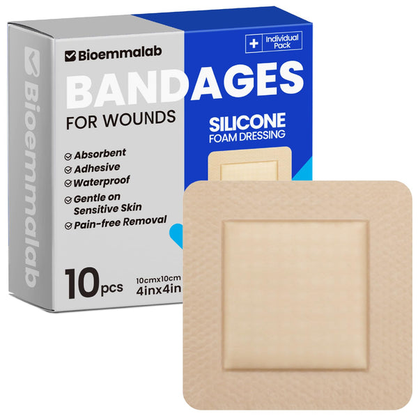 Large Waterproof Bandages 4X4 Silicone Foam Dressing for Sensitive Skin Wound Care, Adhesive Cohesive Pad with Border for First Aid, 10 Packs,