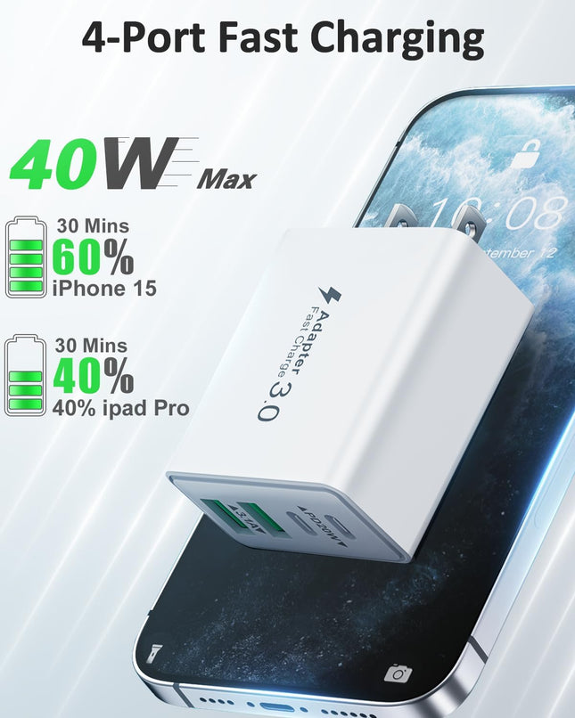 USB C Charger Block, 2Pack 40W 4-Port Type C Fast Charging Block Dual PD Power Adapter+Qc Plug Double USB Wall Charger B