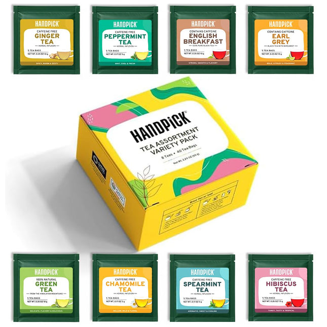 HANDPICK, Tea Bags Sampler Assortment Variety pack Gift Box 8 Flavors, 40 Tea Bags - Perfect Variety | English Breakfast