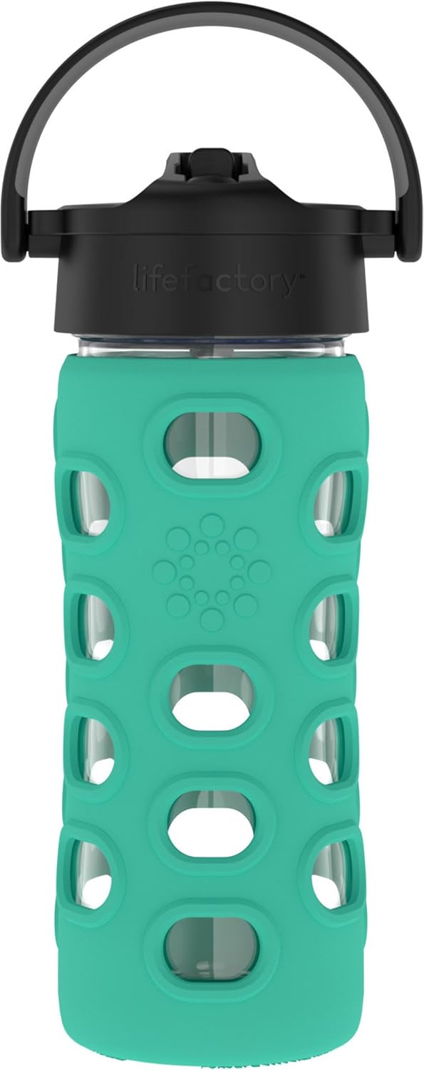 Lifefactory Glass Water Bottle with Pivot Straw Cap, 12 Ounce, Kale