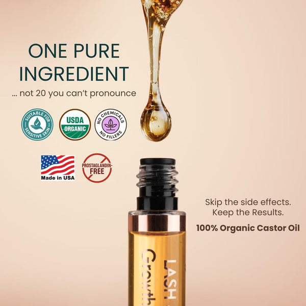 Live Fraiche Organic Castor Oil Lash Serum for Hair Growth, 100% Pure Eyebrow Eyelash Growth Serum, Cold Pressed Hexane Free (2oz Glass Bottle +
