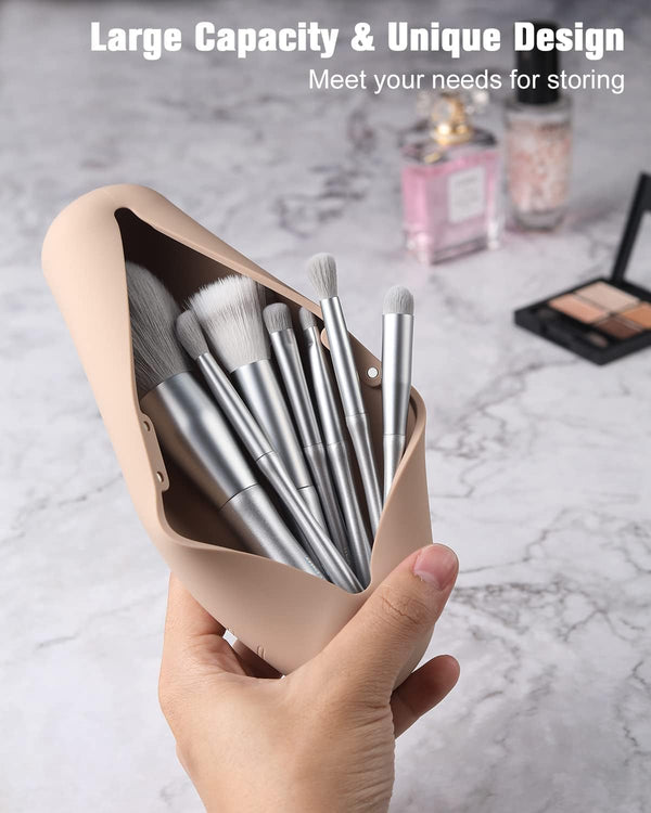 FERYES Large Travel Makeup Brush Holder, Magnetic Anti-Fall Out Silicon Portable Cosmetic Face Brushes Holder, Soft and Sleek Makeup Tools