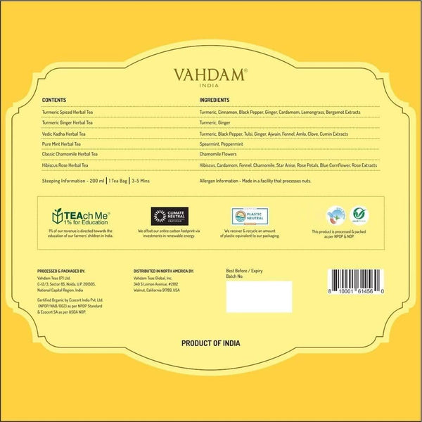 VAHDAM, Assorted Herbal Tea Variety Pack (6 Variants, 36 Tea Bags) Caffeine Free, Gluten Free, Non GMO | Eco Friendly Long Leaf Pyramid Tea Bags I