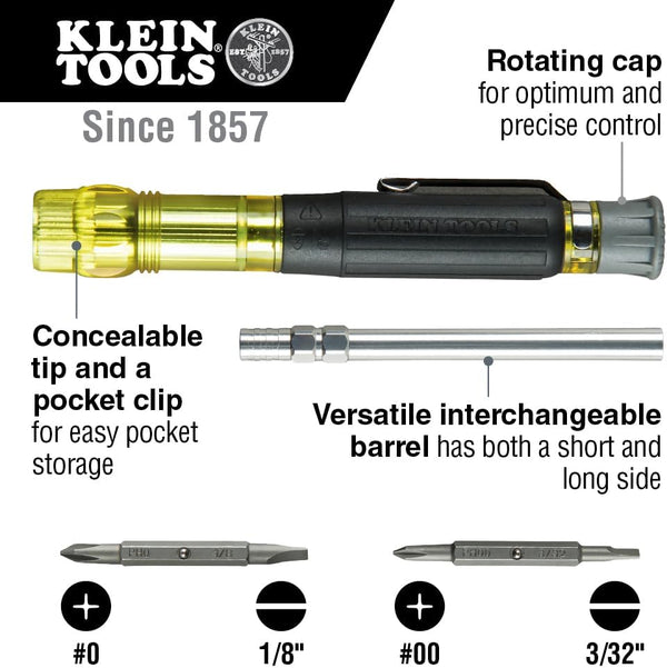 Klein Tools 32614 Multi-Bit Precision Screwdriver Set, 4-In-1 Electronics Pocket Screwdriver, Professional Phillips and Slotted Bits, EDC