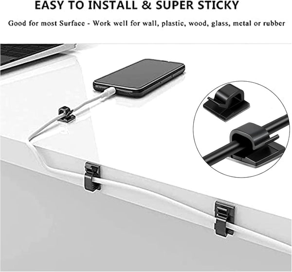 Cable Management Organizer Kit 2 Cable Sleeve Split with 41Self Adhesive Cable Clips Holder, 10Pcs and 2 Roll Self Adhesive Tie and 100 Fastening