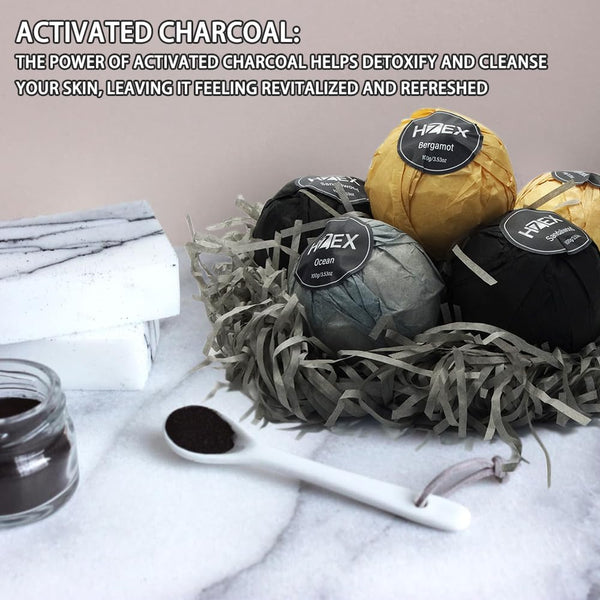 Bath Bombs, HZEX 6 Large Natural Luxury Charcoal Bathbomb Fizzes for Men Women, Organic Bath Bomb with Essential Oils and Shea Butter, Stress