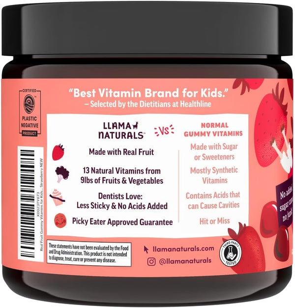 Llama Naturals Kids Multivitamin Gummies | Real Fruit, No Added Sugar Cane | Organic Vegan Toddler Whole Food Vitamins | Vitamin D, C & Beta