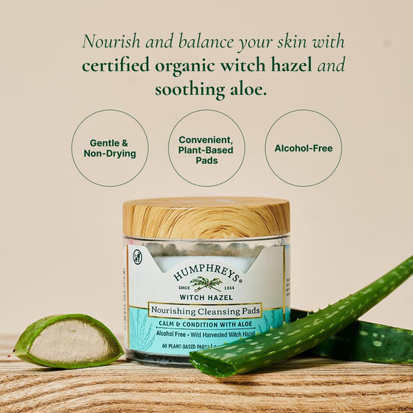 Humphreys Witch Hazel Nourishing Cleansing Pads | Wild Harvested Witch Hazel & Aloe | Alcohol-Free | Natural | Hydrating | Biodegradable | 60 Pads