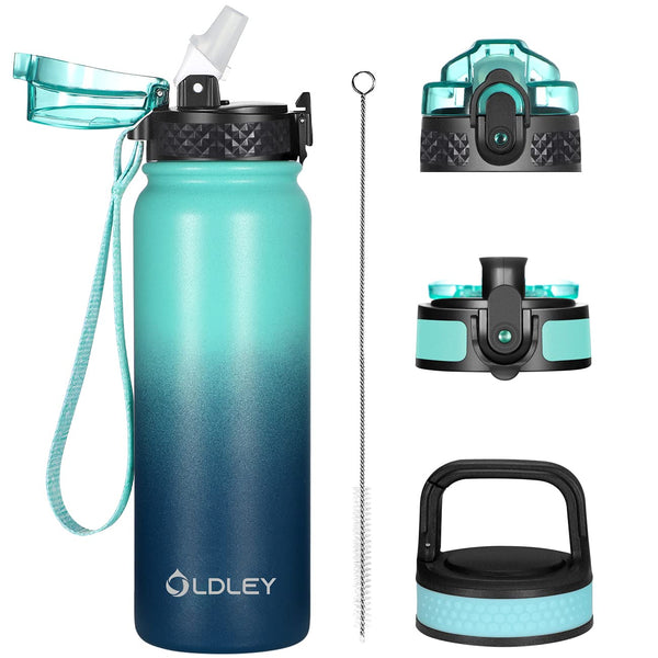 Oldley Insulated Water Bottle 20Oz for Adults Kids Stainless Steel Water Bottles with Straw/Chug/Carabiner 3 Lids Fruit Strainer Double Wall