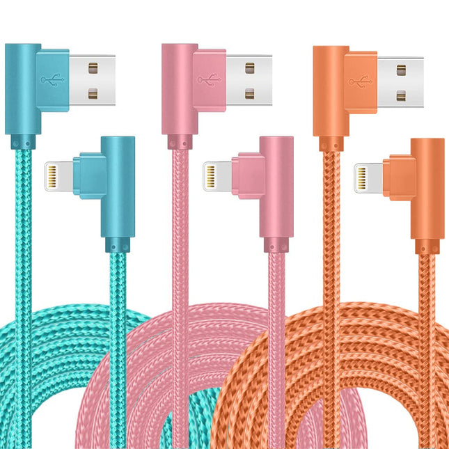 Iphone Charger, 3 Pack 10FT 90 Degree Charging Cable Mfi Certified USB Lightning Cable Nylon Braided Fast Charging Cord 