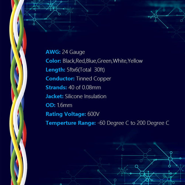 Fermerry 24 AWG Stranded Wire Spool 5Ft Each 6 Colors Flexible 24 Gauge Silicone Hook up Wire Kit Electrical Tinned Copp