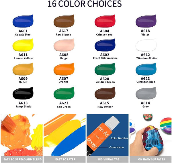 Aen Art Acrylic Paint Set for Pumpkin Painting, 16 Colors Painting Supplies for Canvas Wood Fabric Ceramic Crafts, Non Toxic&Rich Pigments for