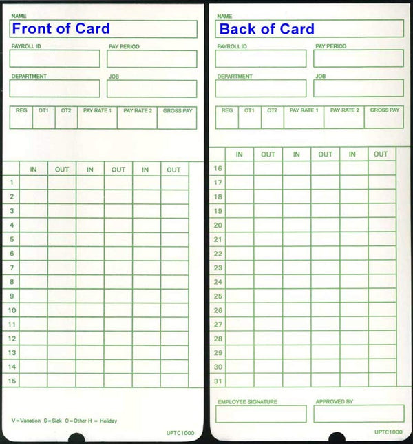 50 Uptc1000-1 Compatible Time Cards for Non-Calculating Upunch HN3000 Autoalign Time Clock (Fits HN1000, HN1500, HN3000, HN3500, HN3540, UB1000)