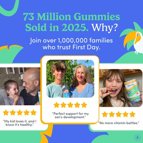 First Day Kids Multivitamin Gummies - Multivitamin for Kids Ages 4+, Delicious Strawberry & Orange, Beta Carotene, Fruit & Vegetables - Childrens