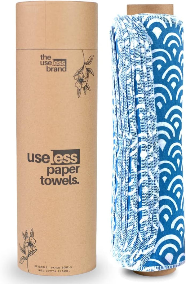 The Useless Brand Reusable Paper Towels Roll | Washable Cotton Flannel Sheets W/Cardboard Roll | Fits on Most Holders (Waves, 12 Towels)