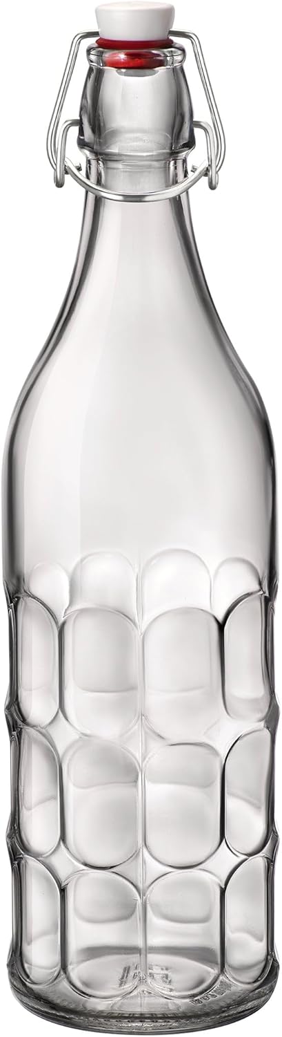 Bormioli Rocco Set of 2 Moresca Bottles, 33.75 Oz. Clear Textured Glass, with Swing Top Hermetic Lid, Leak Proof Water Bottle, Dishwasher Safe,