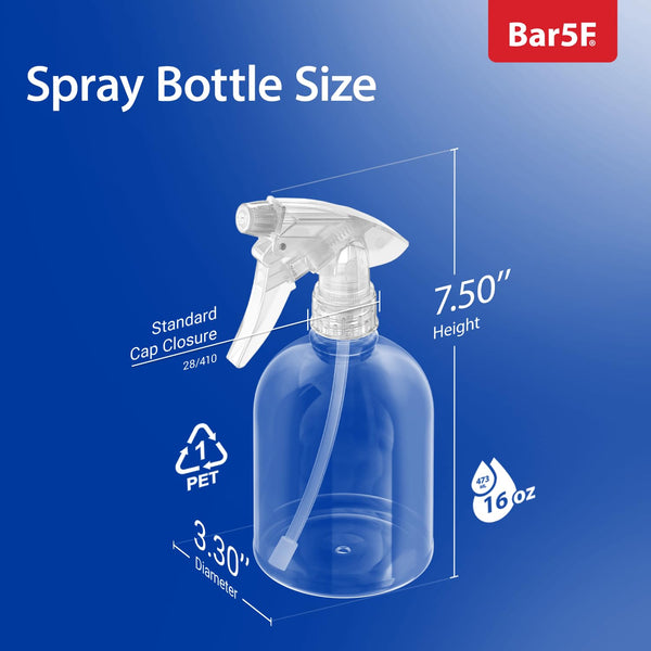 Bar5F Plastic Spray Bottle, 16 Oz | Leak Proof, Empty, Clear, Trigger Handle, Adjustable Fine to Stream Output, Refillable, Heavy Duty Sprayer for