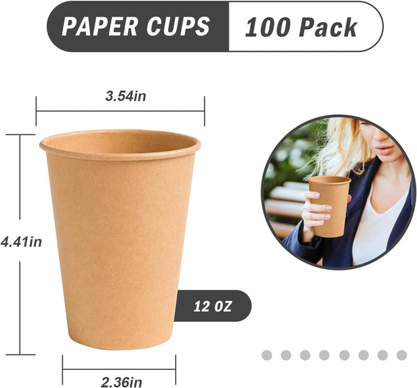 Lamosi 100 Count 12 Oz Kraft Paper Cups, Disposable Hot/Cold Paper Coffee Cups, 12 Ounce Beverages Cups, Water Cups for Party Picnic Travel and Events