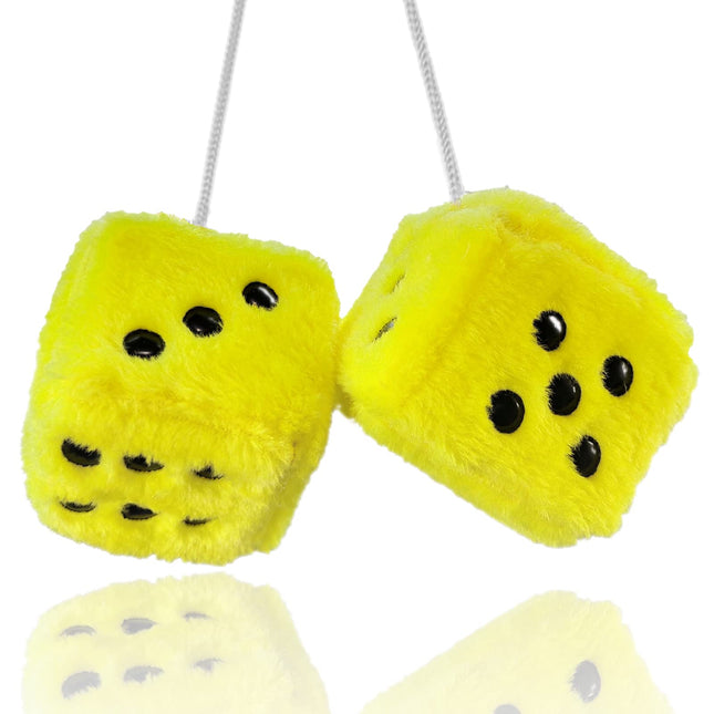 Fuzzy Plush Dice for Car Mirror, Pair of Retro 3â Yellow Dice with Black Dots for Car Interior Hanging Ornament Decora