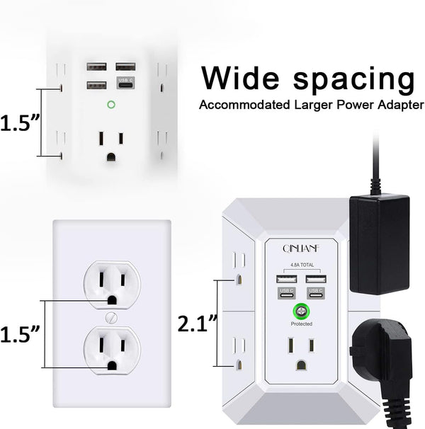 USB Wall Charger, Surge Protector, QINLIANF 5 Outlet Extender with 4 USB Charging Ports (4.8A Total) 3-Sided 1680J Power Strip Multi Plug Outlets