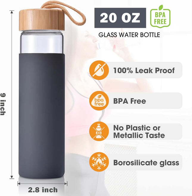20 Oz Borosilicate Glass Water Bottle with Bamboo Lid and Silicone Sleeve â Reusable BPA Free Drinking Bottle with Lid