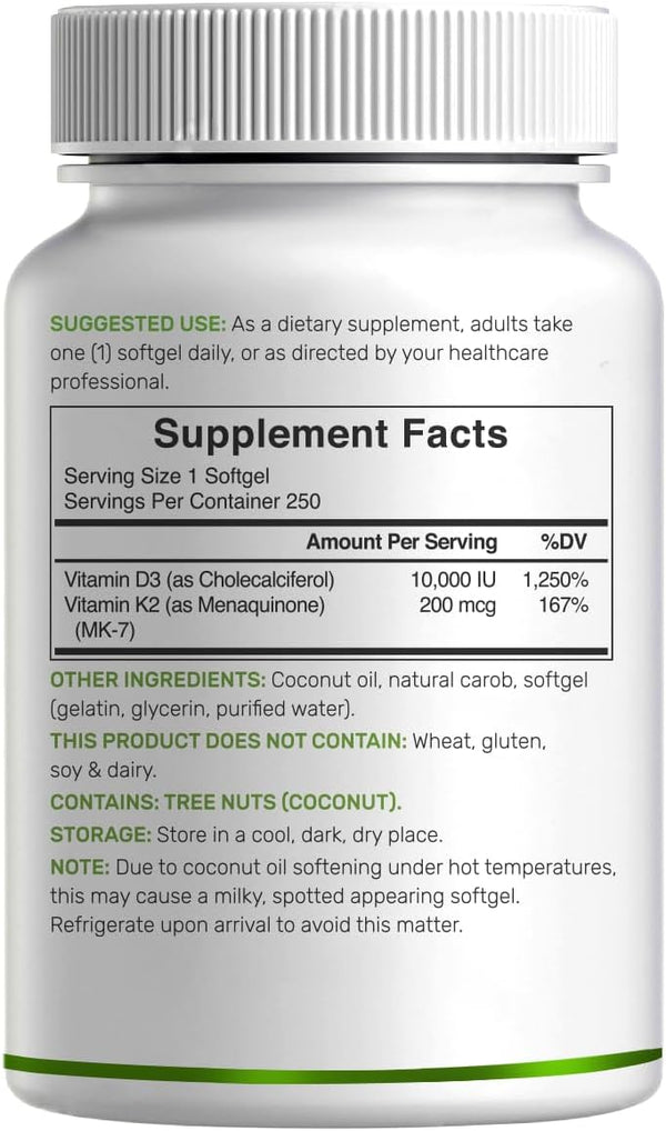 DEAL SUPPLEMENT Vitamin D3 10,000 IU + K2 MK7 200 Mcg, Infused with Virgin Coconut Oil, 250 Softgels, Double Strength Vitamin D & K, Promotes