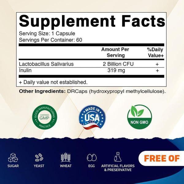 Vitamatic Lactobacillus Salivarius 2 Billion per DR Capsule - 60 Count - Digestive Support - Made with Prebiotic Inulin Fiber (1 Bottle)