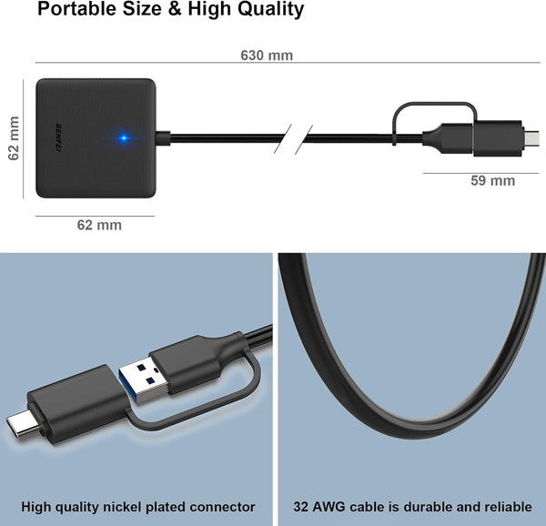 Memory Card Reader, BENFEI 4In1 USB 3.0 and USB-C to SD Micro SD MS CF Card Reader Adapter, 4 Cards Simultaneously Read and Write, Compatible with