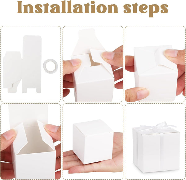 Hooqict 100 Pack Party Favor Boxes White Gift Boxes 2X2X2 Inches Small Cardboard Gift Boxes with Lids and Ribbons Candy Treat Boxes for Gift