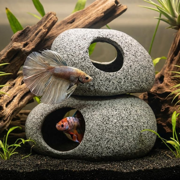 Aquarium Cave Decor - 2 PCS Natural Fish Tank Rocks for Betta Hideout and Shrimp Breeding, Hand-Polished Smooth Edges, PH Neutral, Ideal for 5-20