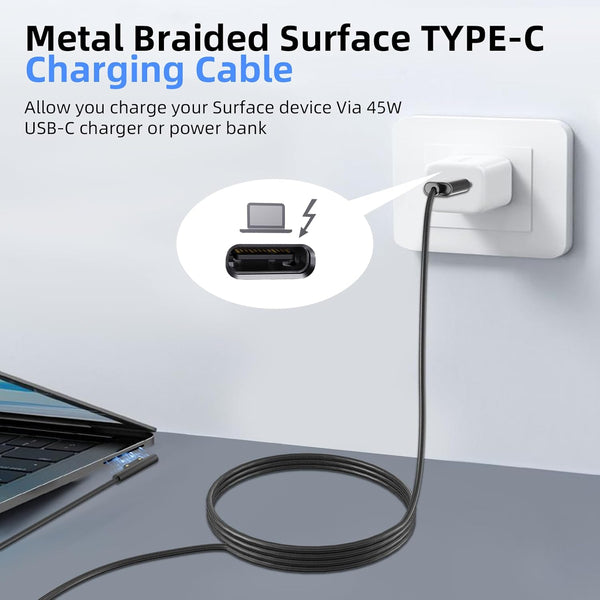 P45W 15V 3A Compatible with Microsoft Surface Pro 3/5/6/7Go3/2/1 Laptop 4/3/2/1 Type-C to Surface Nylon Braided Cable Power Supply USB-C Charger