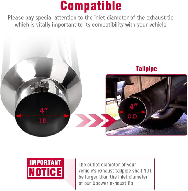 Upower 4" to 10" Exhaust Tip Mirror Polished 4 Inch Inlet 10 Inch Outlet Exhaust Tailpipe 18" Length Bolt-On 45 Degree A