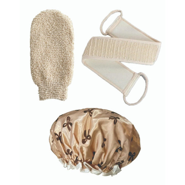 Linen Back Scrubbers+Double Thickened Waterproof Layers Bathing Hat+Linen Exfoliating Shower Bath Gloves,Bath Accessories Setï¼Reusable,For Body,