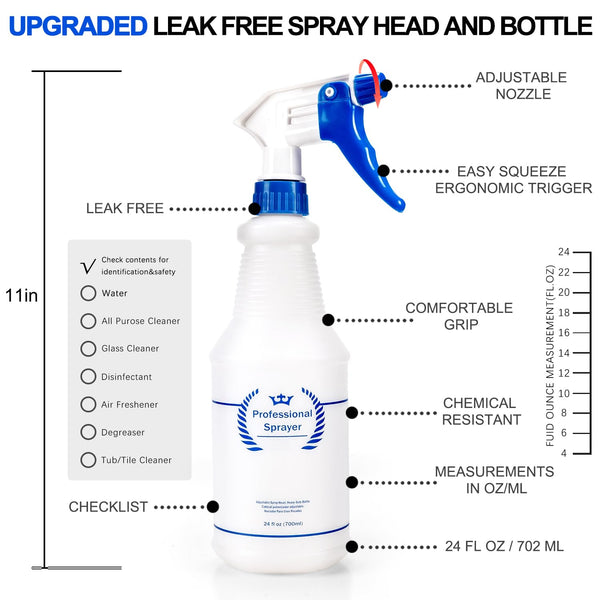 Plastic Spray Bottle, Empty Spray Bottles (2 Pack 24 Oz), All-Purpose Sprayer for Cleaning Solutions, Hair Spray, Bleach, Planting, BBQ, Mist &