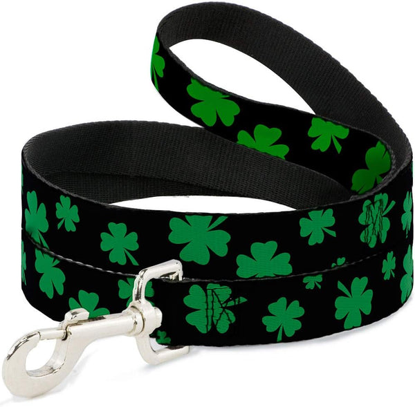 Dog Leash St Pats Clovers Scattered2 Black Green 4 Feet Long 0.5 Inch Wide