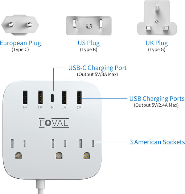 European Travel Plug Adapter, FOVAL EU UK US Power Strip with USB C and 4 USB Ports, 3 AC Outlets, Wall Mountable, 5Ft Extension Cord, Compact for