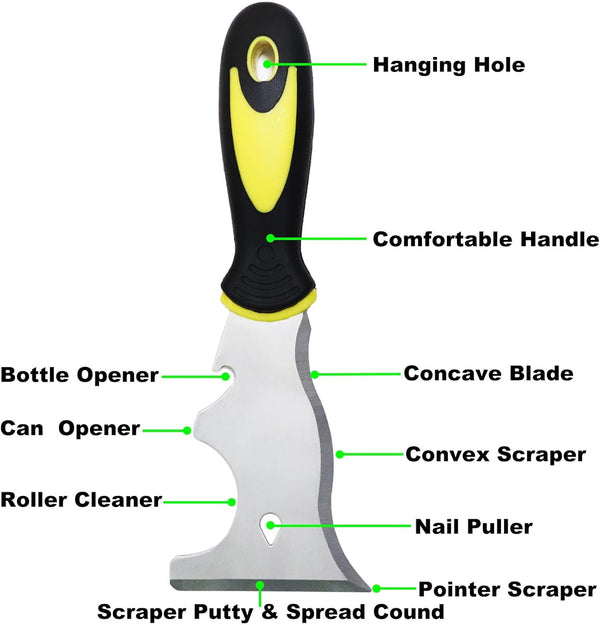 9-In-1 Painter'S Tool, Straight Scraper, Gouger, Roller Cleaner, Curved Scraper, Bottle Opener, Can Opener, Nail Puller, Screwdriver, Hammer |
