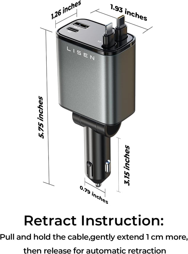 LISEN Retractable Car Charger, 69W USB C Car Accessories Adapter for Iphone 16 USB C Charger Fast Charging, Fathers Day for Gifts, Travel