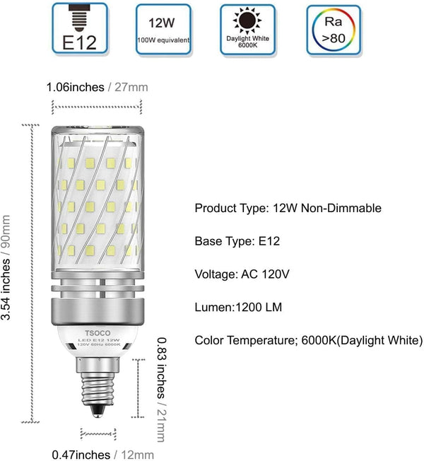 TSOCO E12 LED Bulbs,12W LED Chandelier Light Bulbs,100 Watt Equivalent,6000K Daylight White,1200Lm,Non-Dimmable Ceiling Fan Light Bulbs,Pack of 3